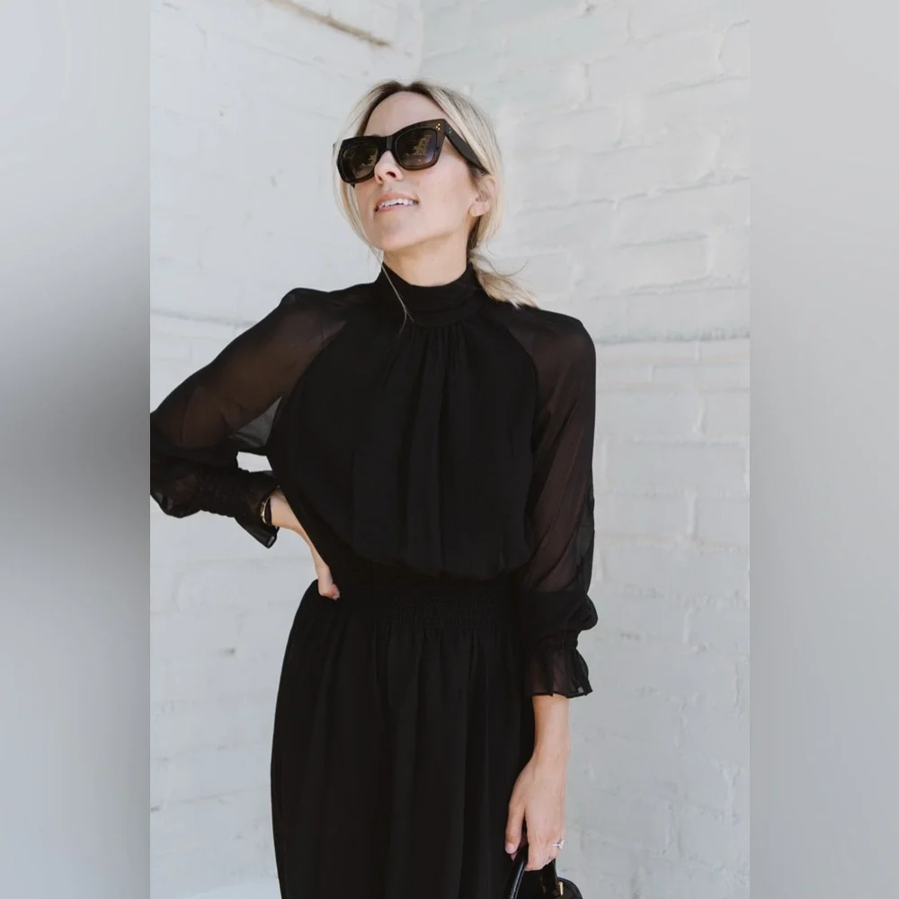 NWT Tory Burch Colette Black Silk Chiffon Sheer Long Sleeve Midi Dress